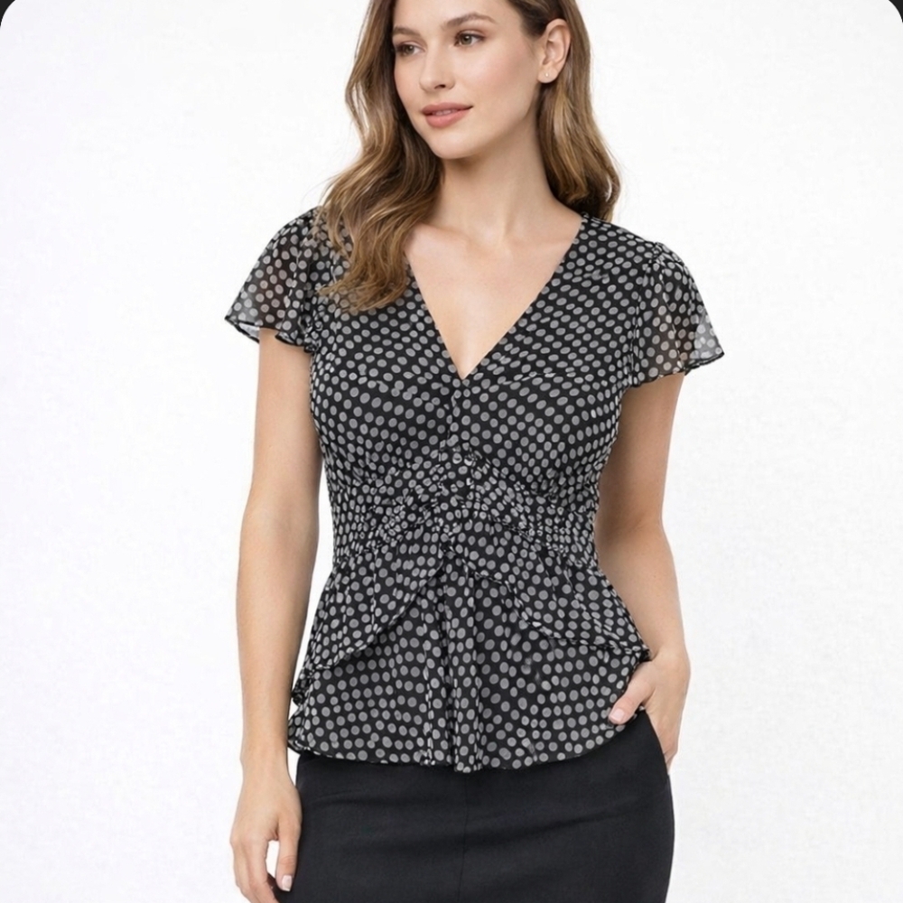 INC Black And White Polka Dot Chiffon Blouse Petite 2P Top